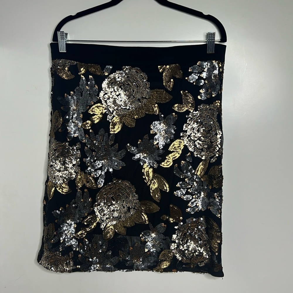 Design Recipe Sz L Black Gold Beaded Lined Side Zip 22.5” Pencil Skirt